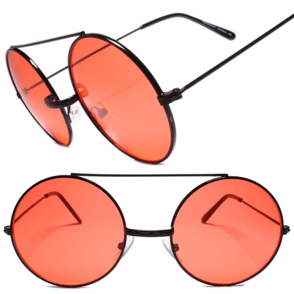 Men Classic Retro Hip Style Sunglasses Round w/ Brow Bar Black Frame Red Lens